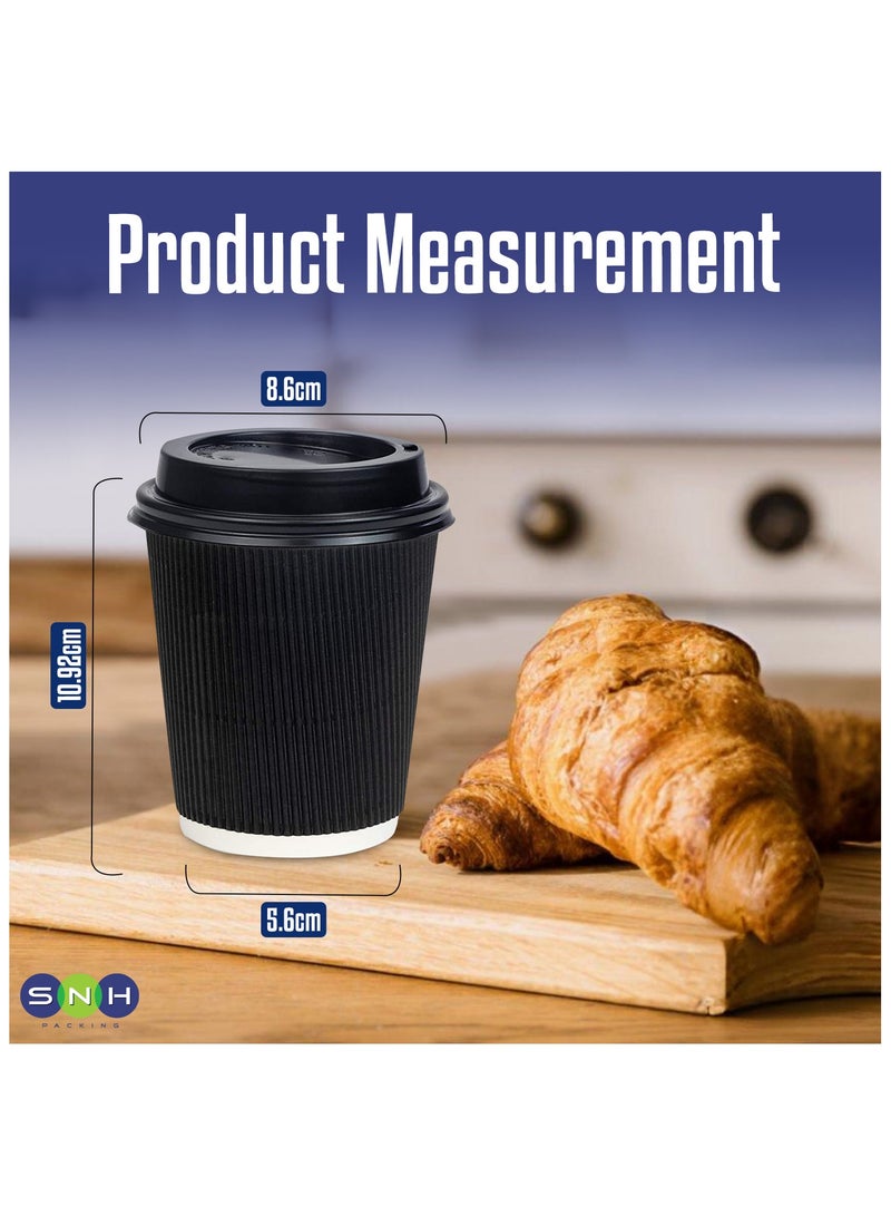 SNH Packing 12 Oz (Pack of 25) Black Ripple Disposable Cups With Lids - 3-Layered Corrugated Paper Cups - Disposable Coffee Cup for Hot & Cold Drinks - Perfect for Events & Parties - Image 2